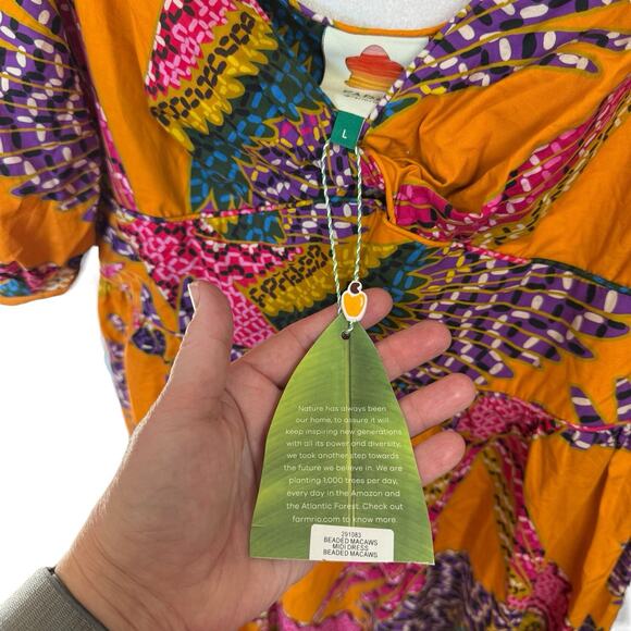 NWT FARM RIO Beaded Macaws Puff Sleeve Midi Dress Large Colorful Resortwear - Picture 2 of 8
